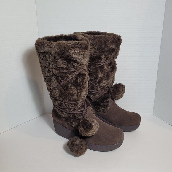 Report Y2K Fur Lined Pom Pom Faux Fur Brown Platform Tall Boots Women's Size 8 - Picture 1 of 11